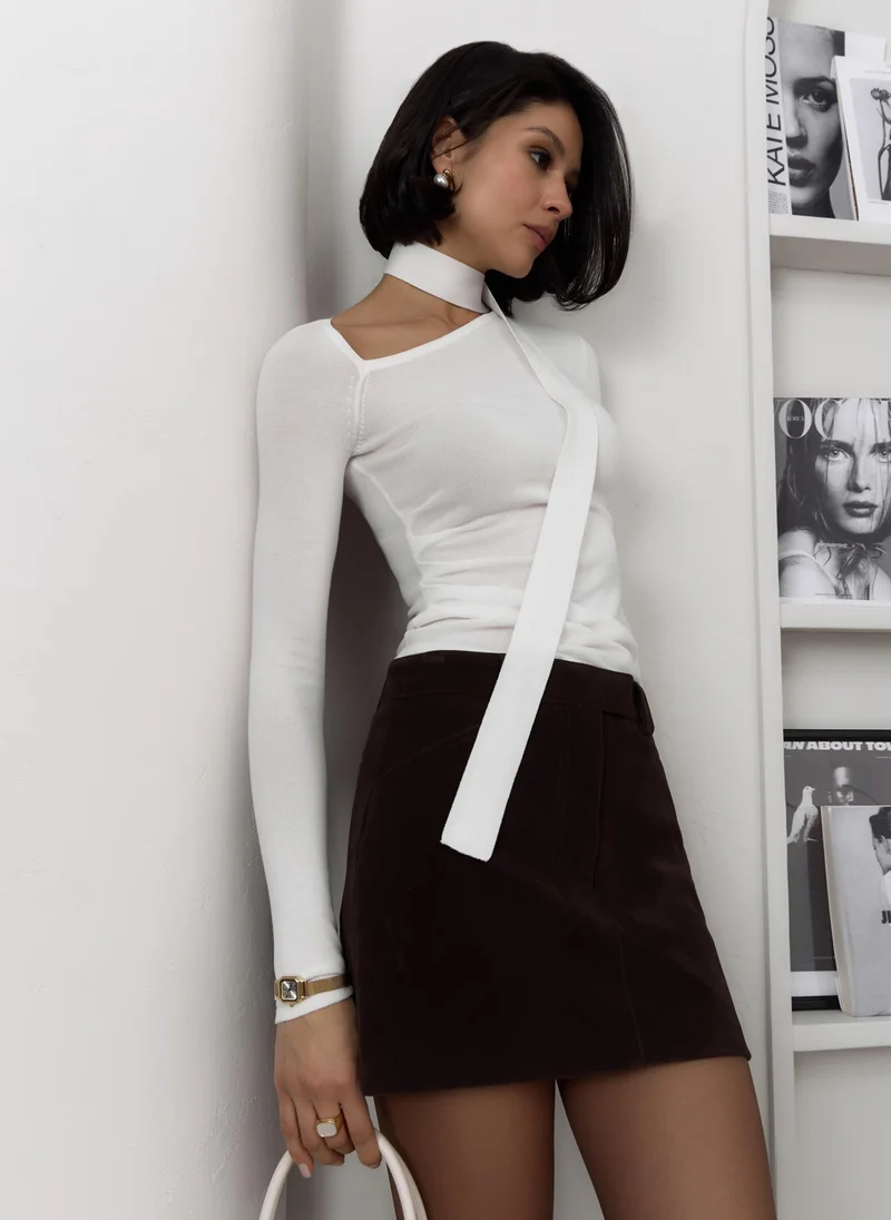 Lichi  Longsleeve with asymmetrical neckline and ribbon scarf for Women | Best Price UAE